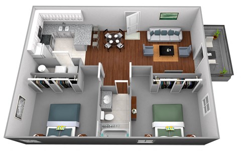 Floor plan for 2 beds, 1 bath, 884 sqft